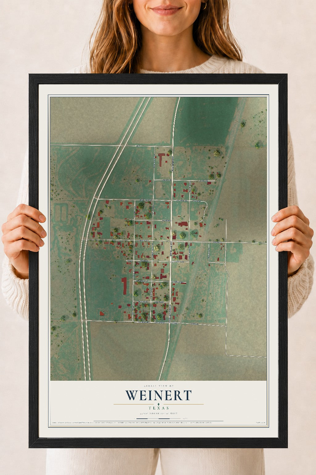Map of Weinert, Texas, 18 x 24 inch print in a black wood frame