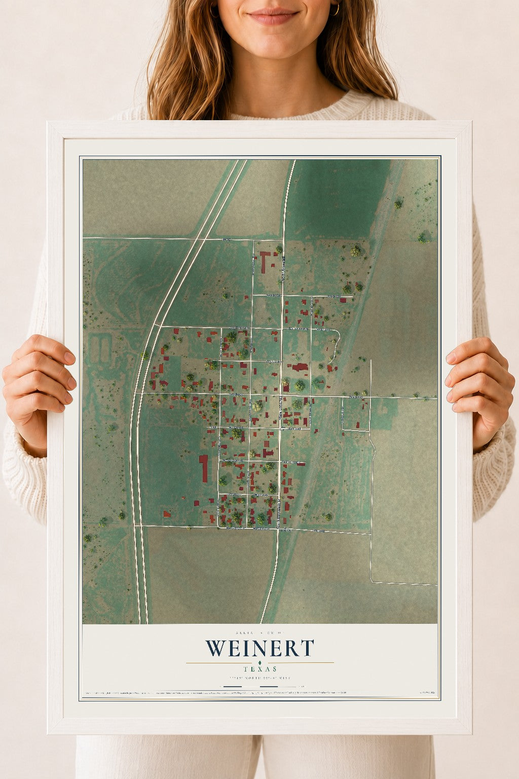 Map of Weinert, Texas, 18 x 24 inch print in a white wood frame