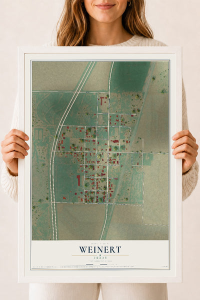 Map of Weinert, Texas, 18 x 24 inch print in a white wood frame
