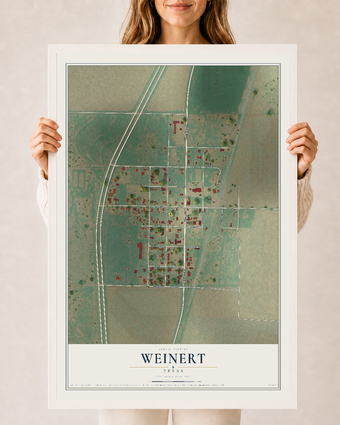 Map of Weinert, Texas, 24 x 36 inch print in a white wood frame