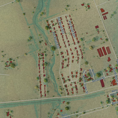 Close-up of the map of Weir, Texas print showing street and building detail