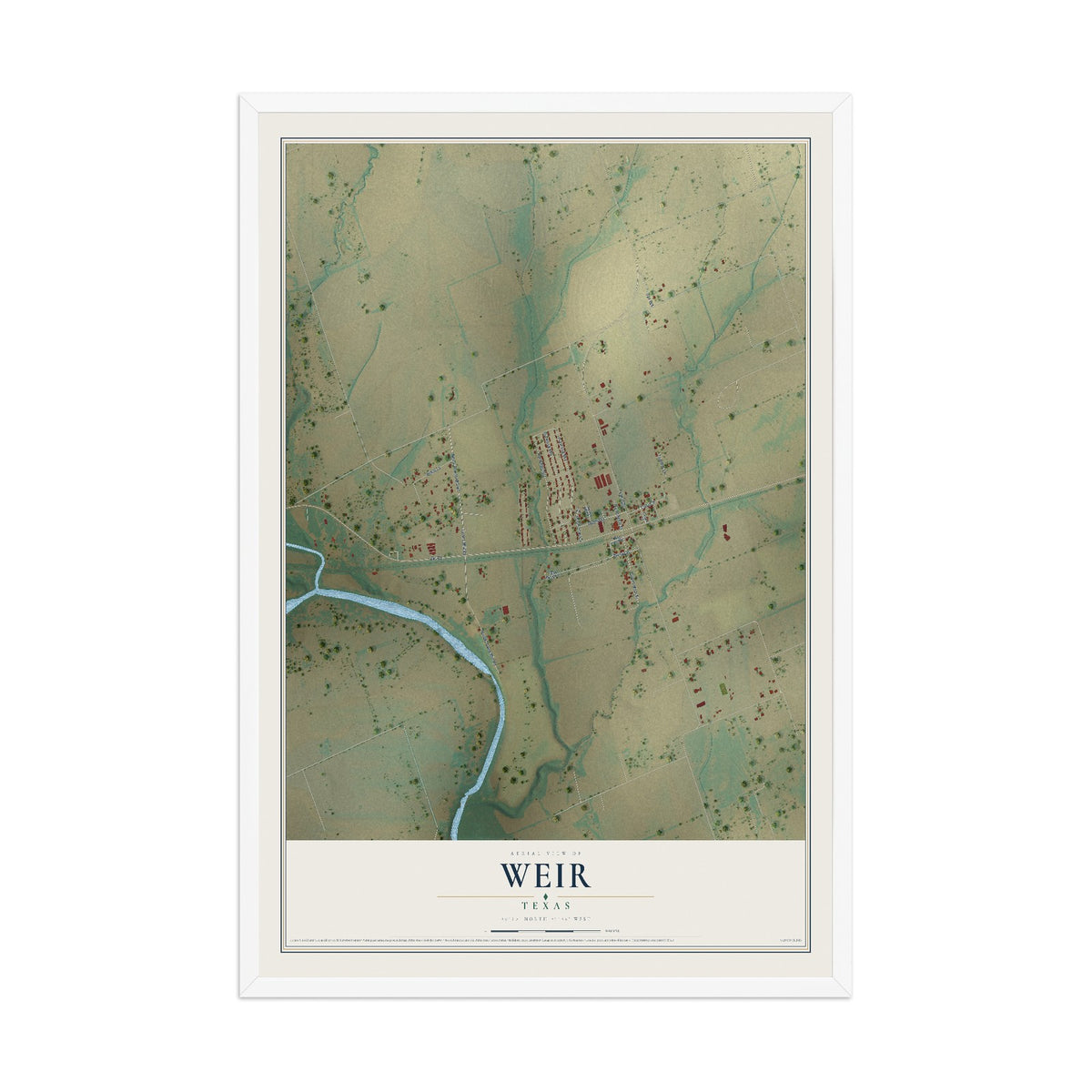 Map of Weir, Texas, 12 x 18 inch print in a white wood frame