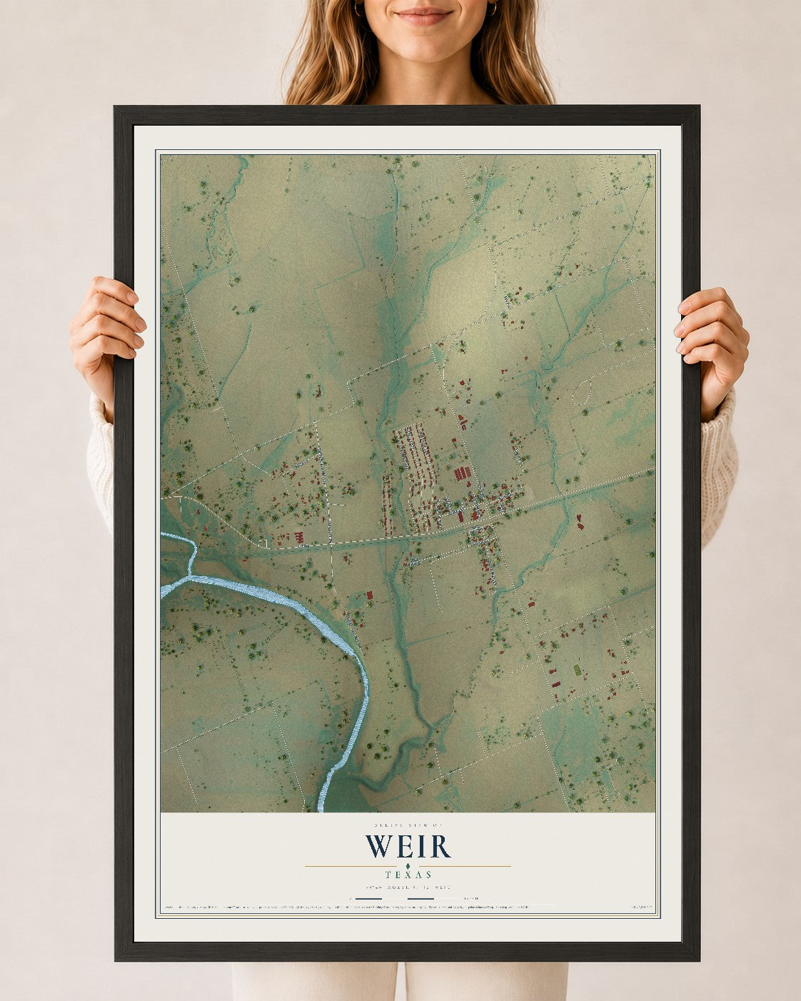 Map of Weir, Texas, 24 x 36 inch print in a black wood frame