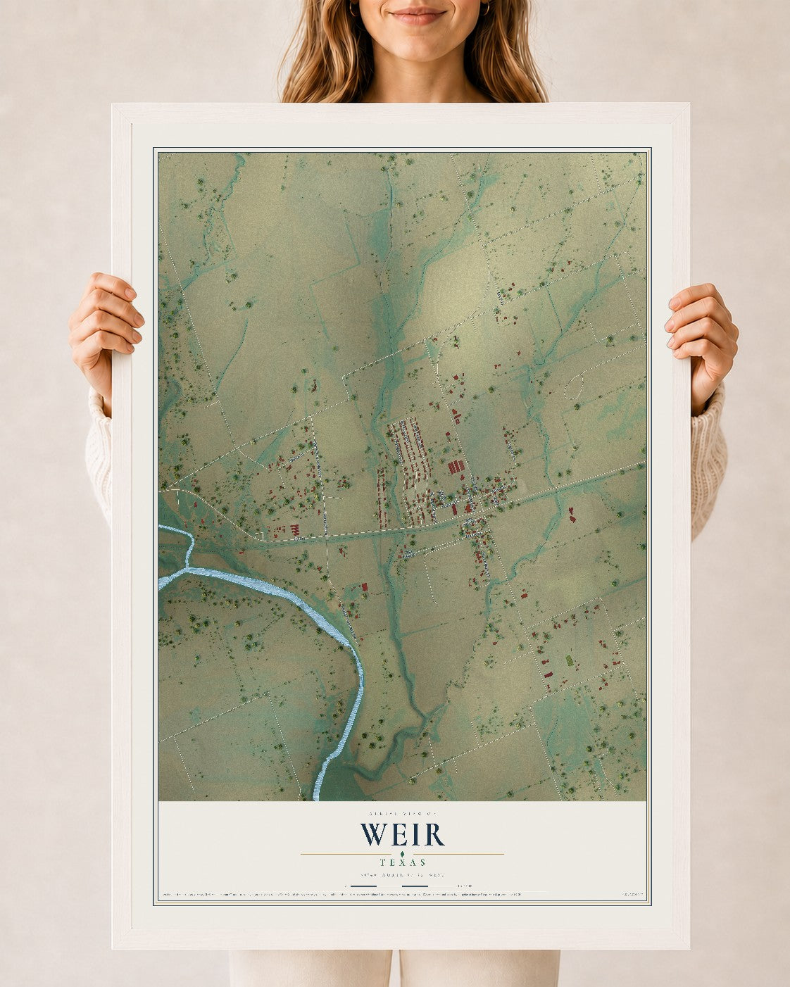 Map of Weir, Texas, 24 x 36 inch print in a white wood frame