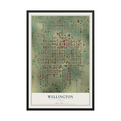 Map of Wellington, Texas, 12 x 18 inch print in a black wood frame