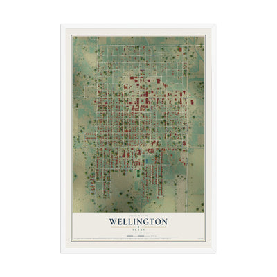 Map of Wellington, Texas, 12 x 18 inch print in a white wood frame