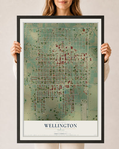 Map of Wellington, Texas, 24 x 36 inch print in a black wood frame