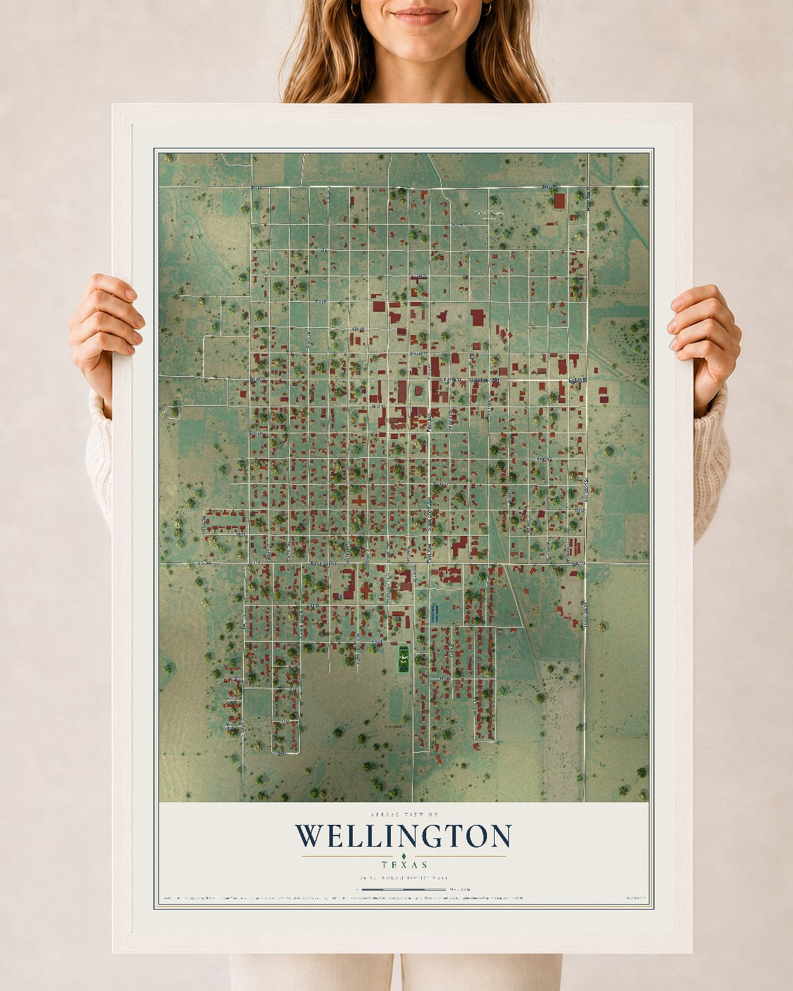 Map of Wellington, Texas, 24 x 36 inch print in a white wood frame
