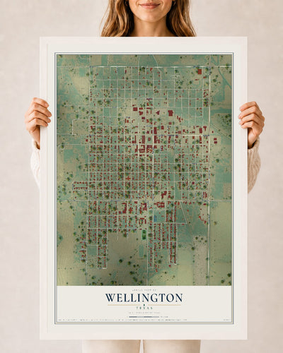 Map of Wellington, Texas, 24 x 36 inch print in a white wood frame