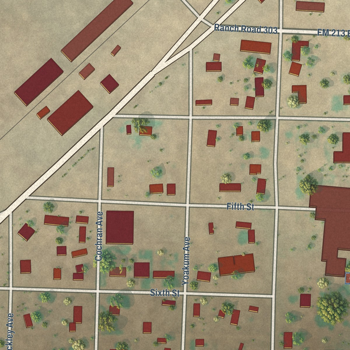 Close-up of the map of Wellman, Texas print showing street and building detail