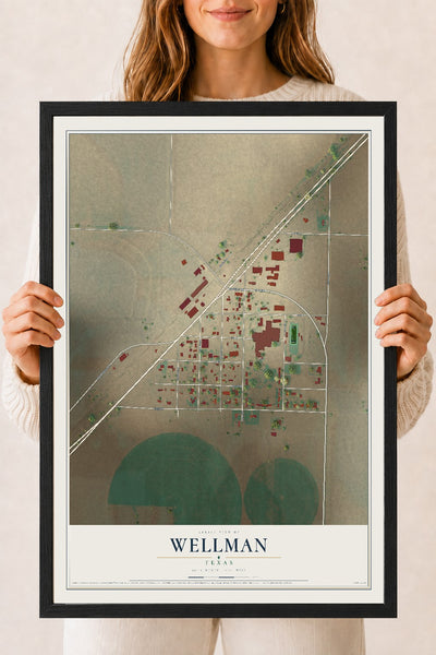 Map of Wellman, Texas, 18 x 24 inch print in a black wood frame