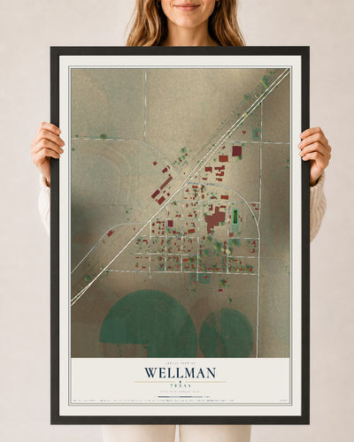 Map of Wellman, Texas, 24 x 36 inch print in a black wood frame