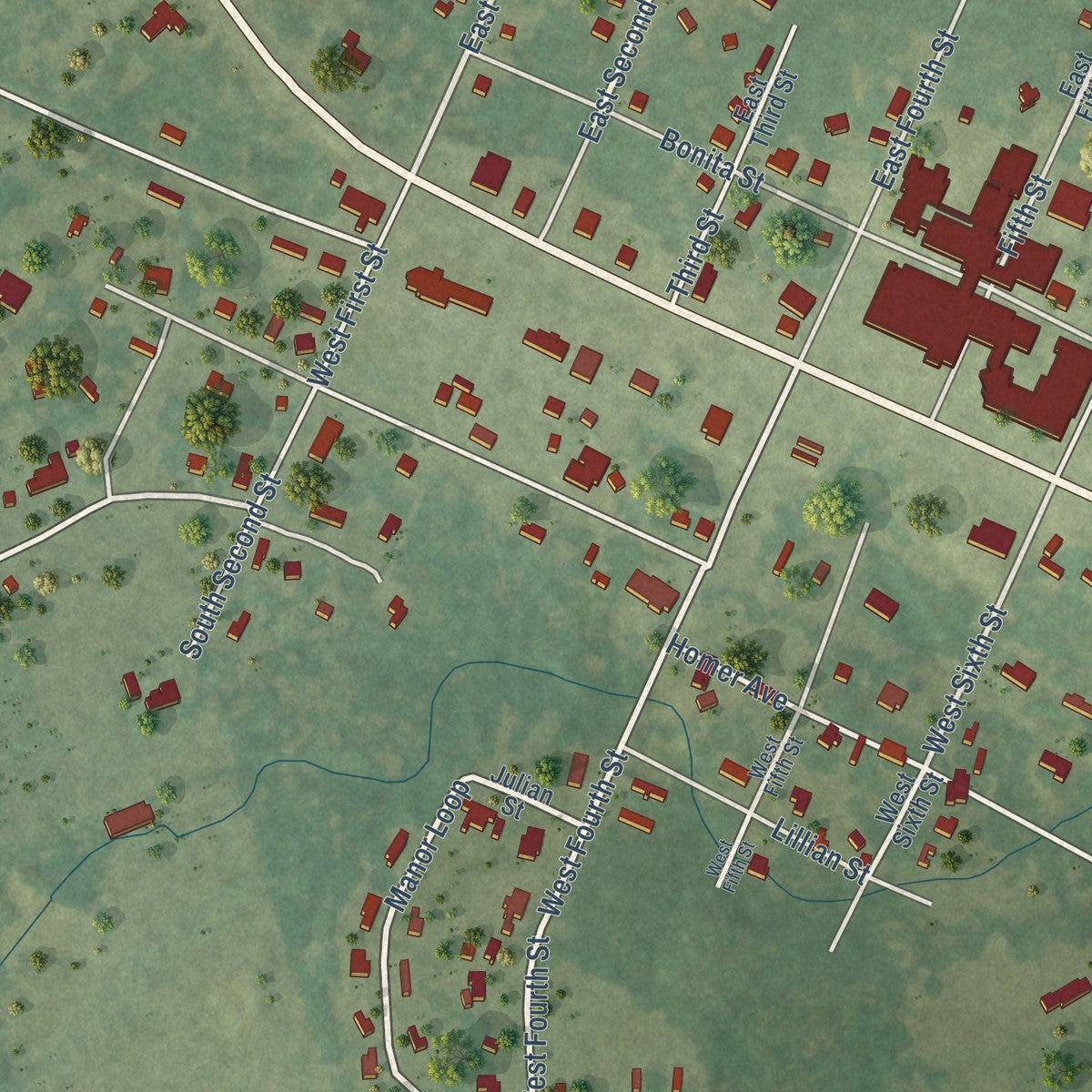 Close-up of the map of Wells, Texas print showing street and building detail