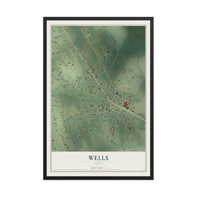 Map of Wells, Texas, 12 x 18 inch print in a black wood frame