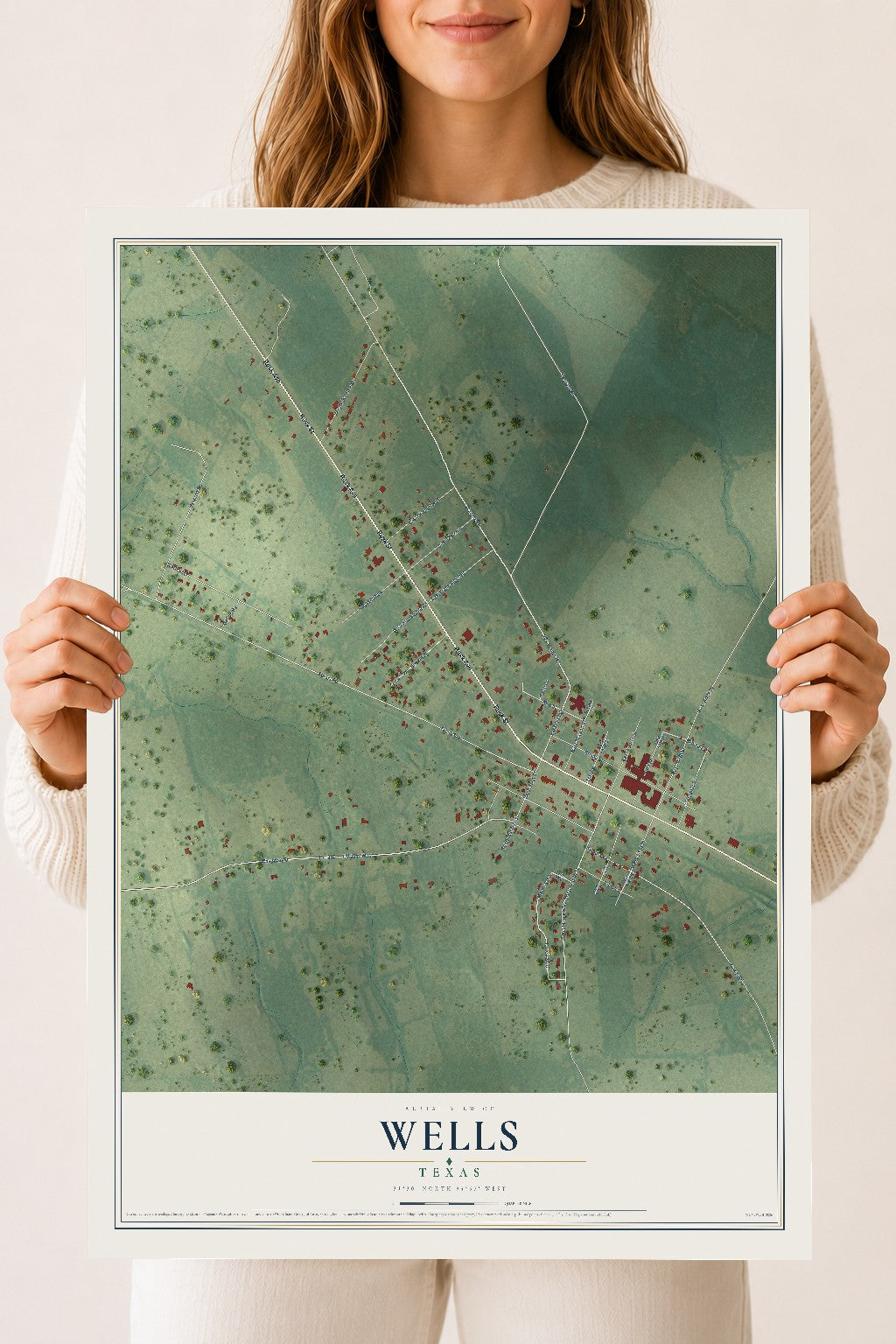 Map of Wells, Texas, 18 x 24 inch unframed archival matte print