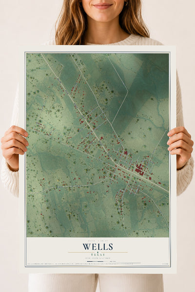 Map of Wells, Texas, 18 x 24 inch unframed archival matte print