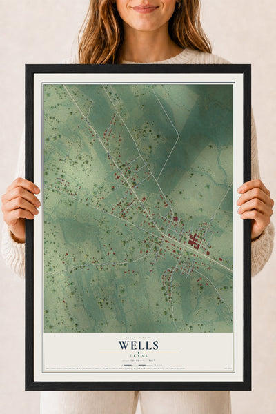 Map of Wells, Texas, 18 x 24 inch print in a black wood frame