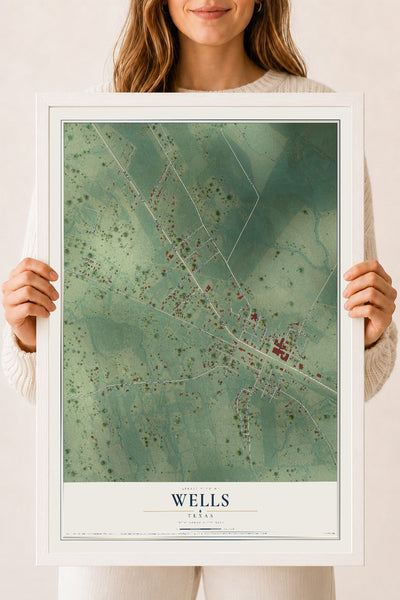 Map of Wells, Texas, 18 x 24 inch print in a white wood frame