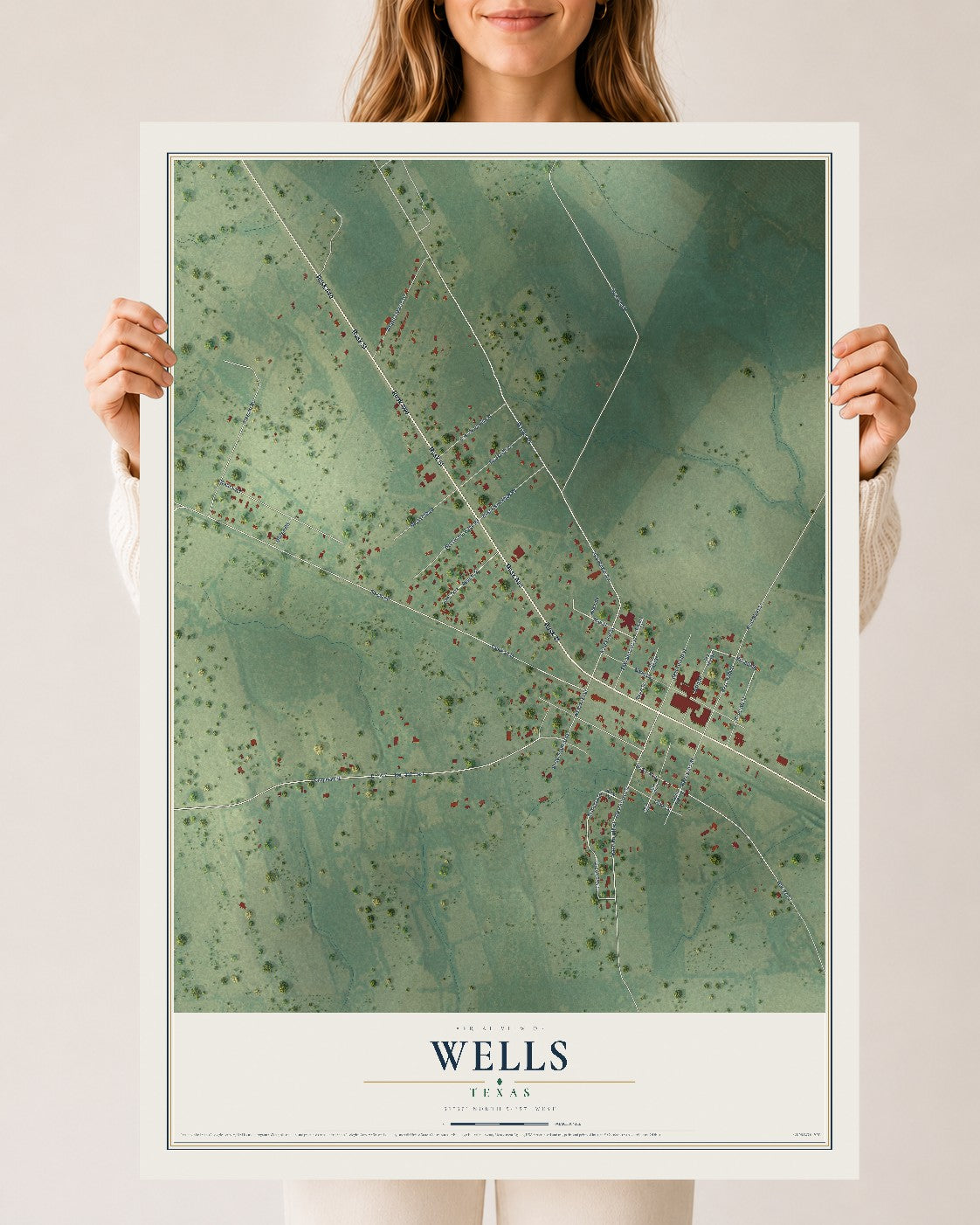 Map of Wells, Texas, 24 x 36 inch unframed archival matte print