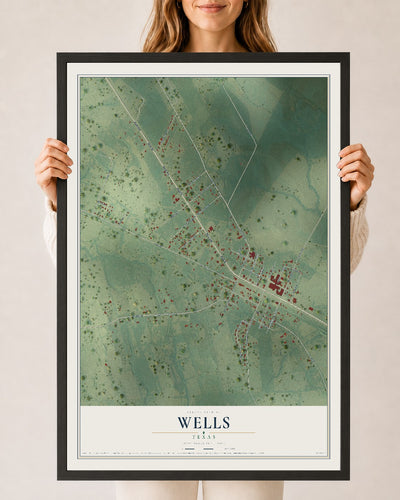 Map of Wells, Texas, 24 x 36 inch print in a black wood frame