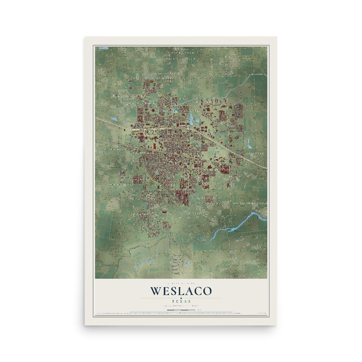 Map of Weslaco, Texas, 12 x 18 inch unframed archival matte print