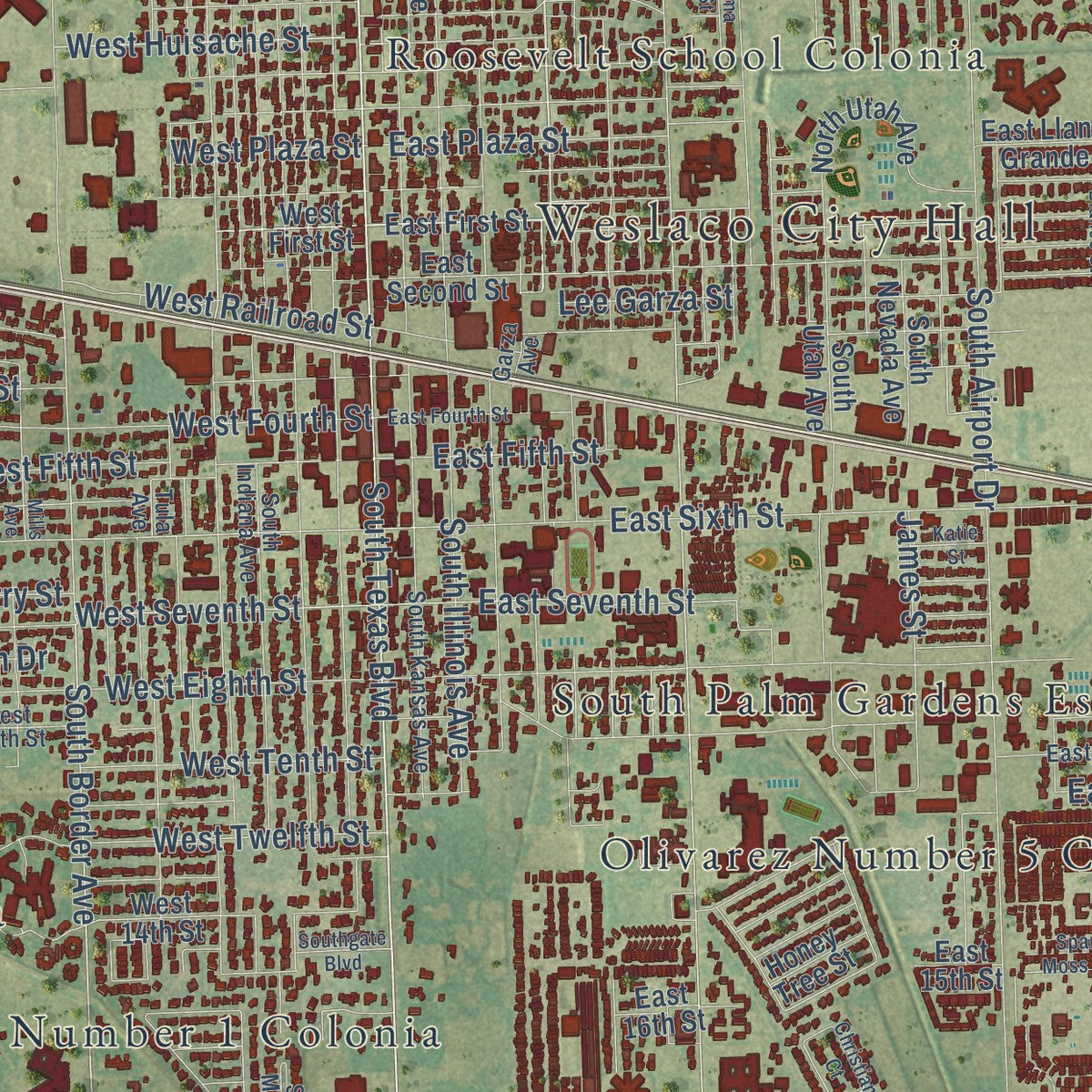 Close-up of the map of Weslaco, Texas print showing street and building detail