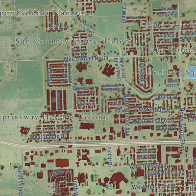 Second close-up of the map of Weslaco, Texas print showing more streets and buildings