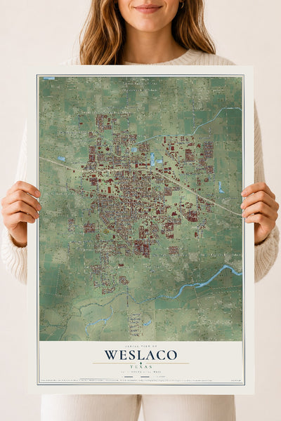 Map of Weslaco, Texas, 18 x 24 inch unframed archival matte print