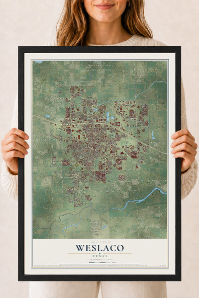 Map of Weslaco, Texas, 18 x 24 inch print in a black wood frame