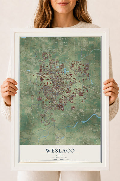 Map of Weslaco, Texas, 18 x 24 inch print in a white wood frame