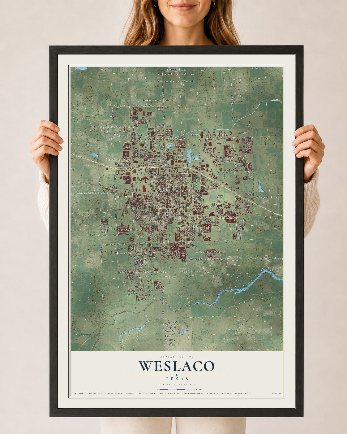 Map of Weslaco, Texas, 24 x 36 inch print in a black wood frame
