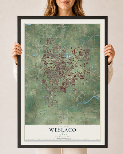 Map of Weslaco, Texas, 24 x 36 inch print in a black wood frame