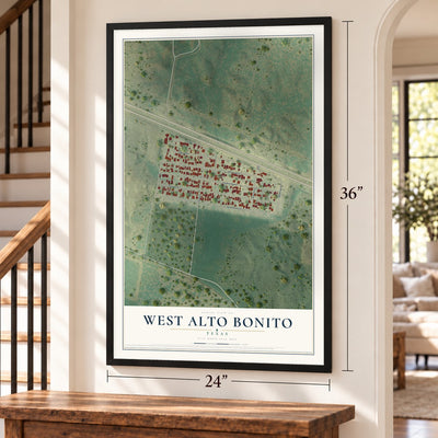 West Alto Bonito, Texas map, 24 x 36 inch print in a black frame by a staircase