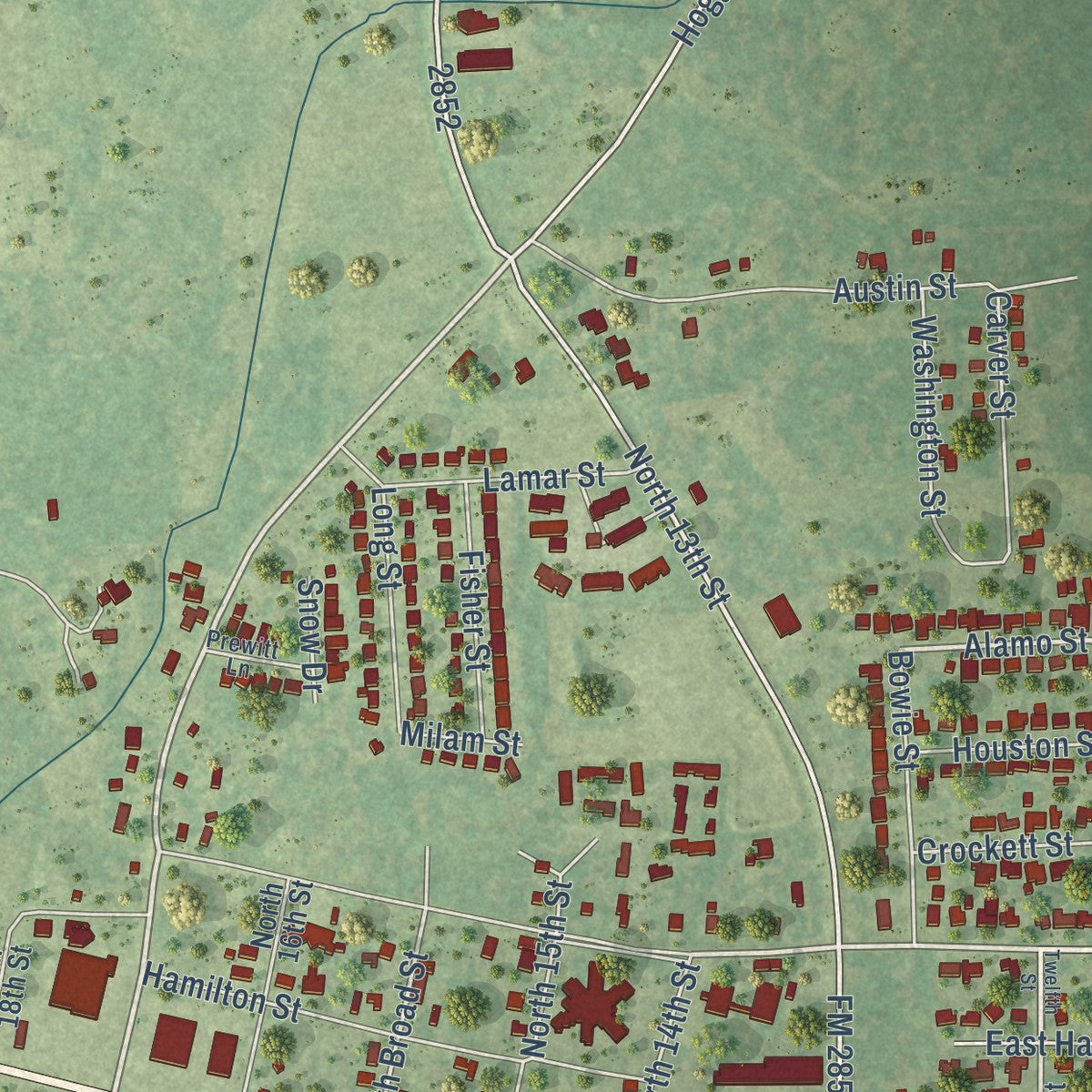 Second close-up of the map of West Columbia, Texas print showing more streets and buildings