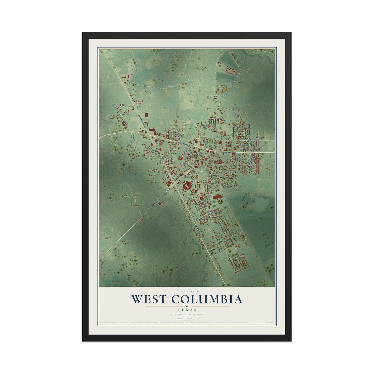 Map of West Columbia, Texas, 12 x 18 inch print in a black wood frame