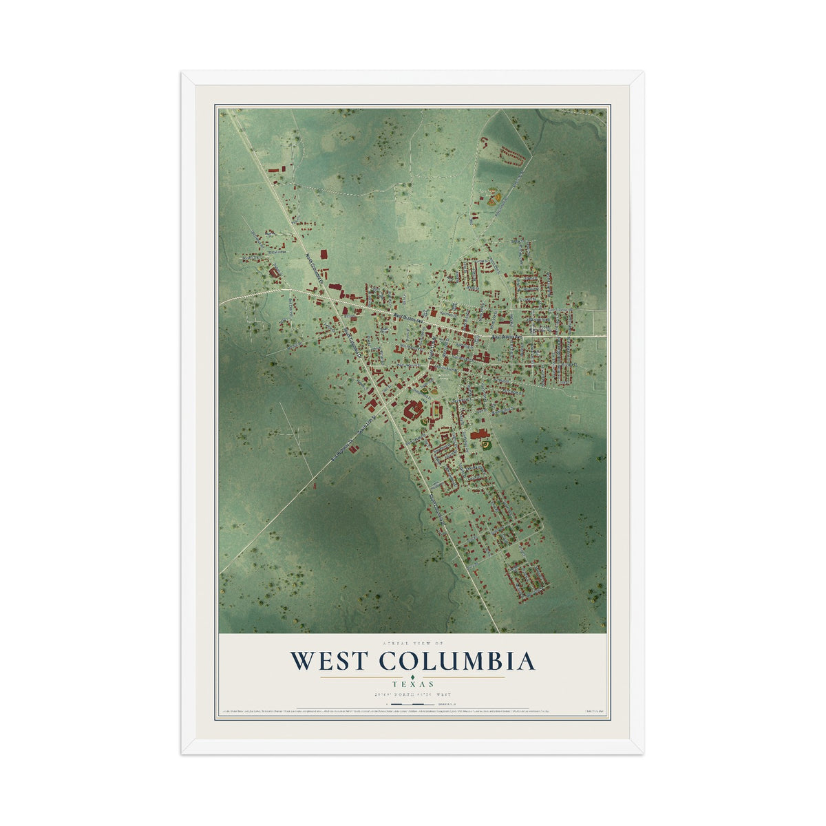 Map of West Columbia, Texas, 12 x 18 inch print in a white wood frame