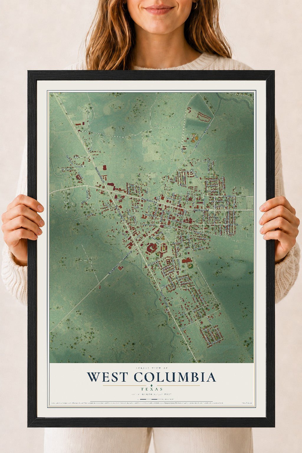 Map of West Columbia, Texas, 18 x 24 inch print in a black wood frame