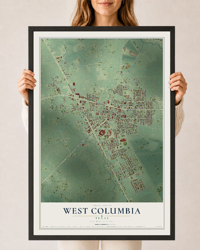 Map of West Columbia, Texas, 24 x 36 inch print in a black wood frame
