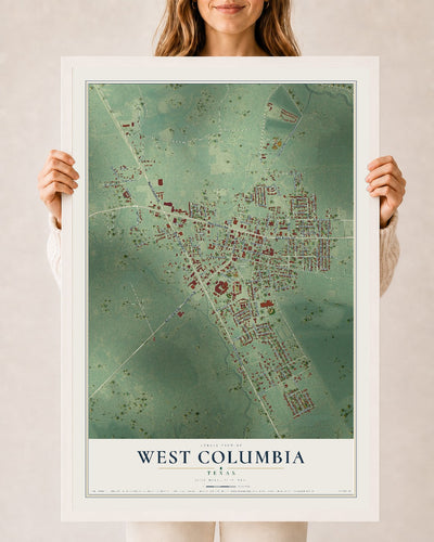 Map of West Columbia, Texas, 24 x 36 inch print in a white wood frame