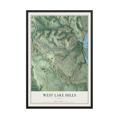 Map of West Lake Hills, Texas, 12 x 18 inch print in a black wood frame