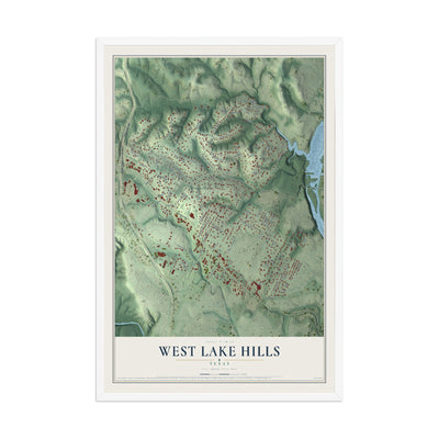 Map of West Lake Hills, Texas, 12 x 18 inch print in a white wood frame