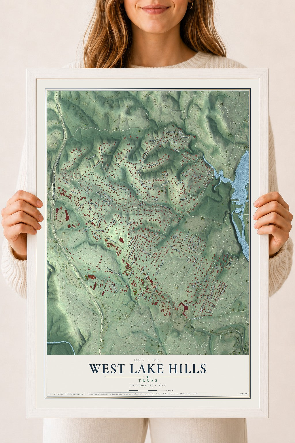 Map of West Lake Hills, Texas, 18 x 24 inch print in a white wood frame