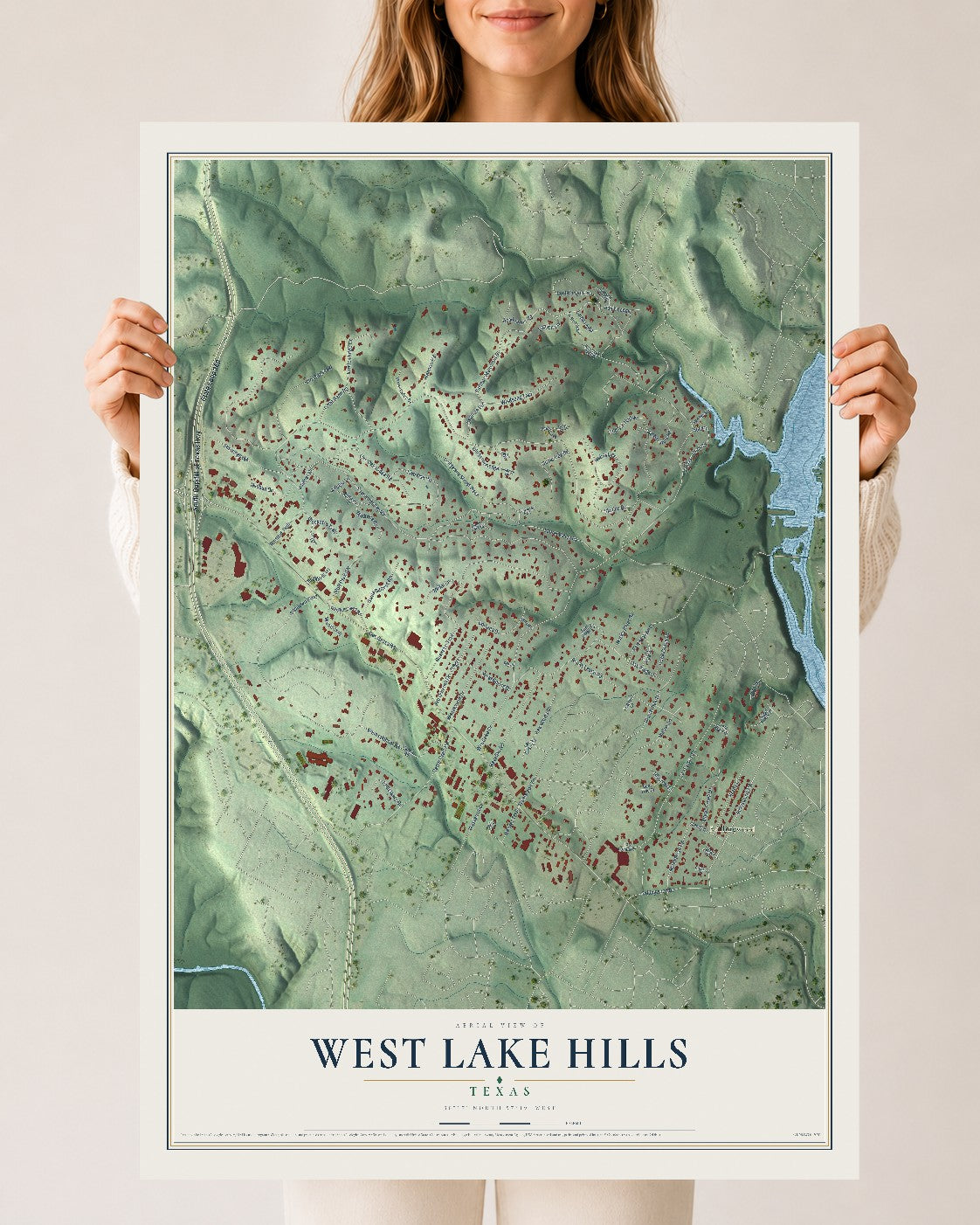 Map of West Lake Hills, Texas, 24 x 36 inch unframed archival matte print
