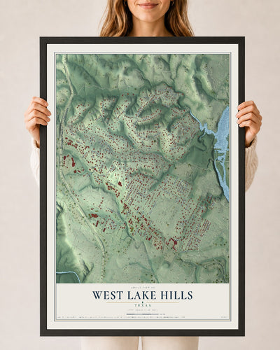 Map of West Lake Hills, Texas, 24 x 36 inch print in a black wood frame