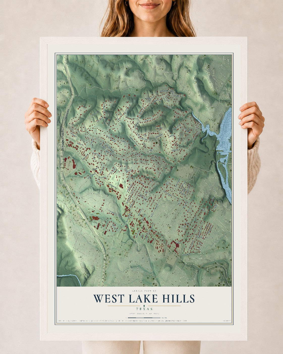 Map of West Lake Hills, Texas, 24 x 36 inch print in a white wood frame