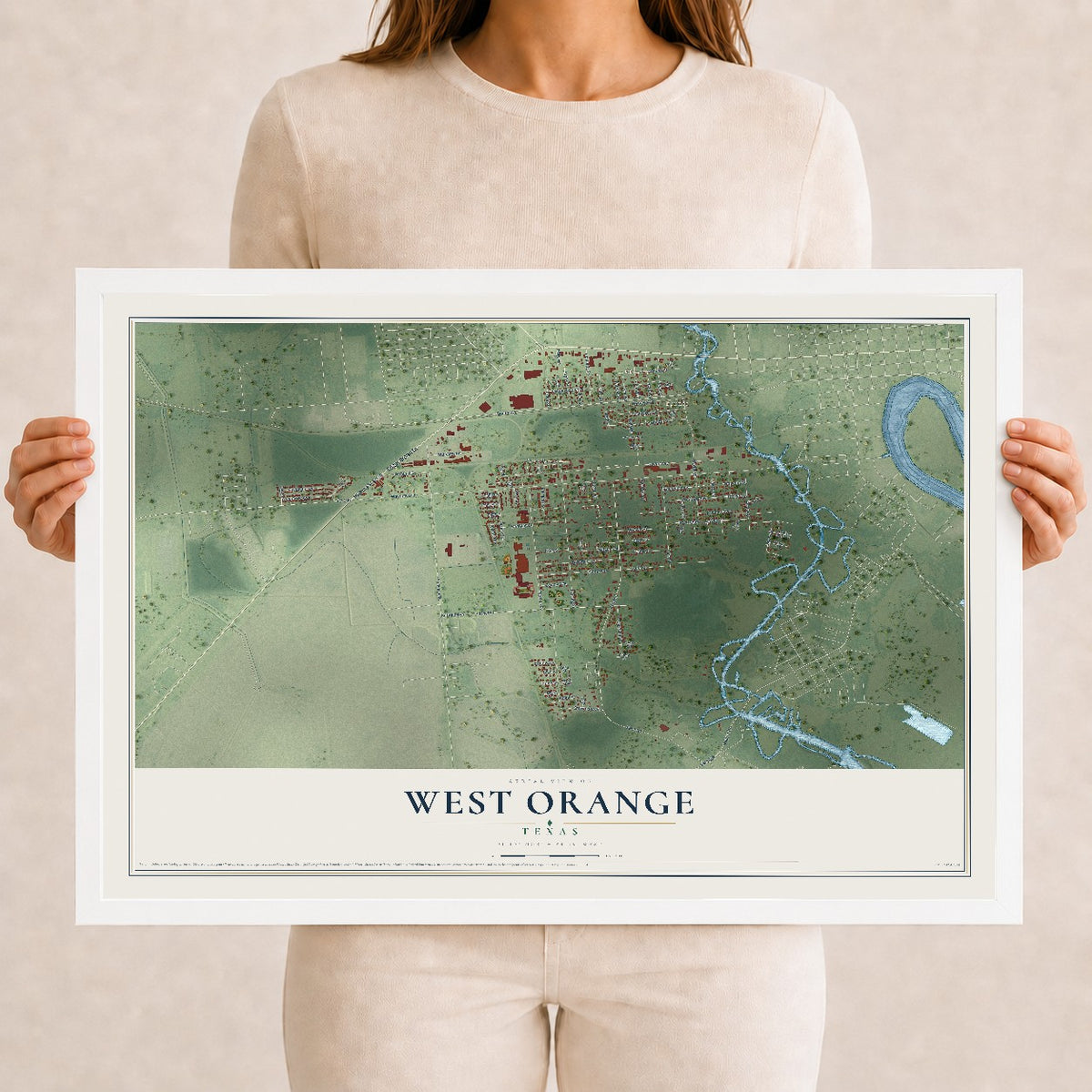 Map of West Orange, Texas, 12 x 18 inch print in a white wood frame