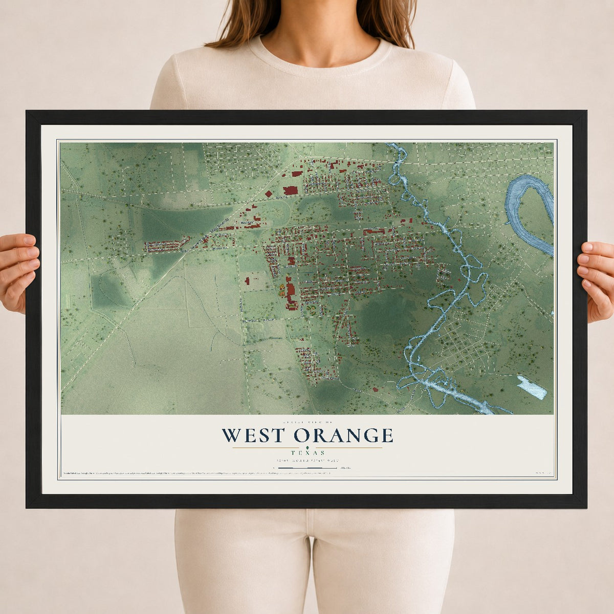 Map of West Orange, Texas, 18 x 24 inch print in a black wood frame