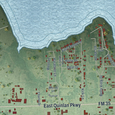 Close-up of the map of West Tawakoni, Texas print showing street and building detail