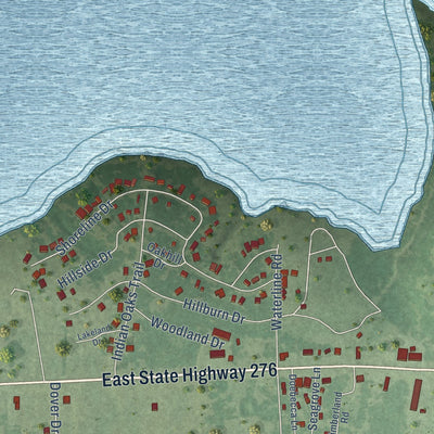 Second close-up of the map of West Tawakoni, Texas print showing more streets and buildings