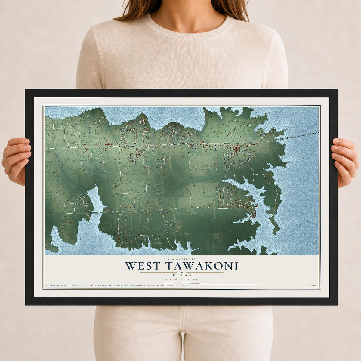 Map of West Tawakoni, Texas, 12 x 18 inch print in a black wood frame